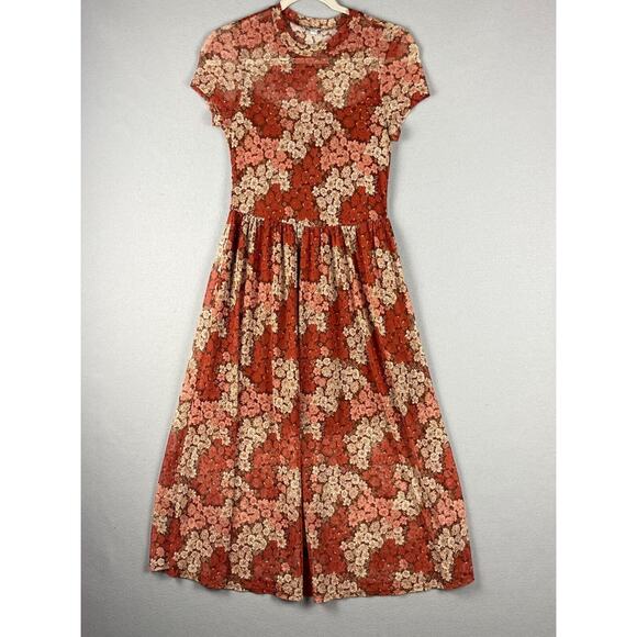 AUW Dresses & Skirts - Whimsy Fairy Floral Mesh Dress Women Medium Sheer Pleated Midi Y2K Boho Peasant